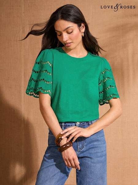 Love & Roses Green Scallop Crew Neck 100% Cotton T-Shirt (AU8381) | £26