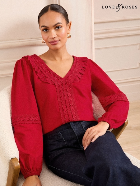 Love & Roses Red Lace Trim 100% Cotton V-Neck Jersey Long Sleeve Top (AU8387) | £34