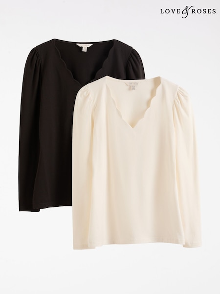 Love & Roses Ivory and Black X2 Scallop Neck Jersey Long Sleeve Top (AU8402) | £28