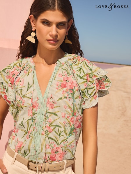 Love & Roses Green Flutter Sleeve Broderie Printed Short Sleeve V-Neckline Blouse (AU8430) | £40