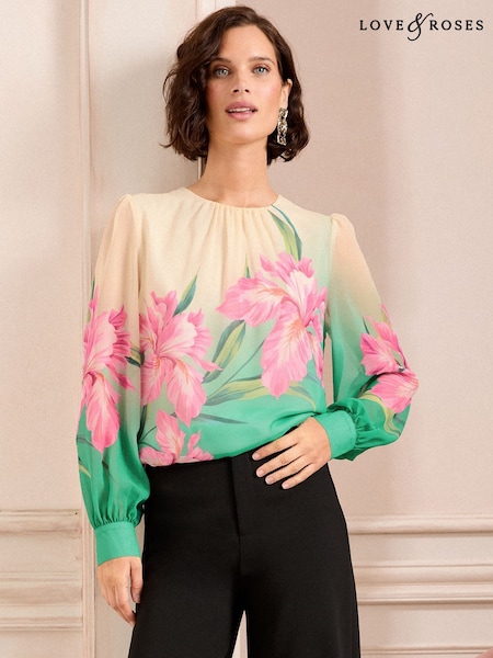 Love & Roses Green Floral Petite Printed Crew Neck Blouse (AU8441) | £40