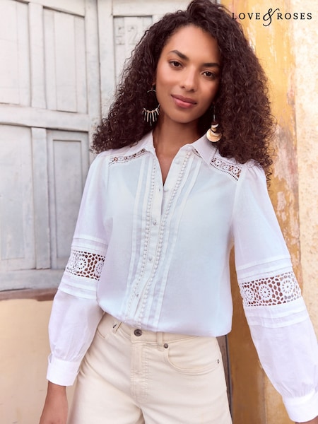 Love & Roses White Petite Lace Trim Deatil Long Sleeve 100% Cotton Shirt (AU8450) | £39