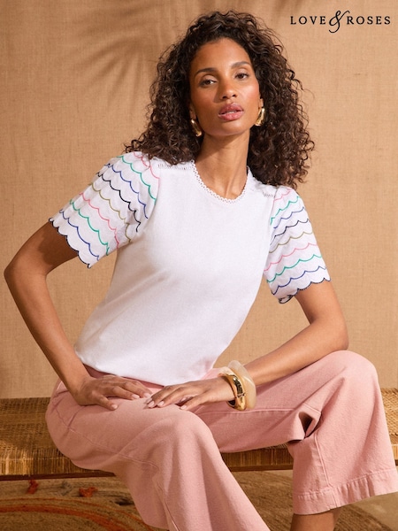 Love & Roses Ivory Multi Jersey Scallop T-Shirt (AU8452) | £28