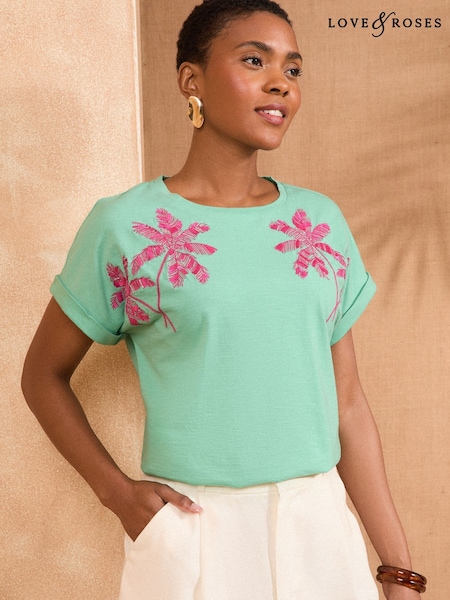 Love & Roses Aqua and Pink Embellished Palm Crew Neck Jersey T-Shirt (AU8455) | £28
