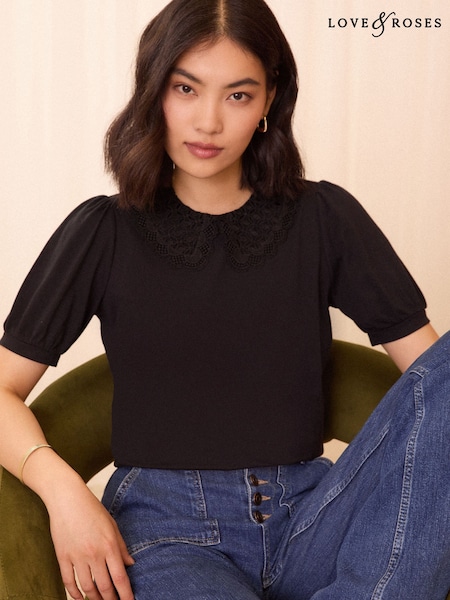 Love & Roses Black Lace Collar Jersey Short Sleeve T-Shirt (AU8460) | £22