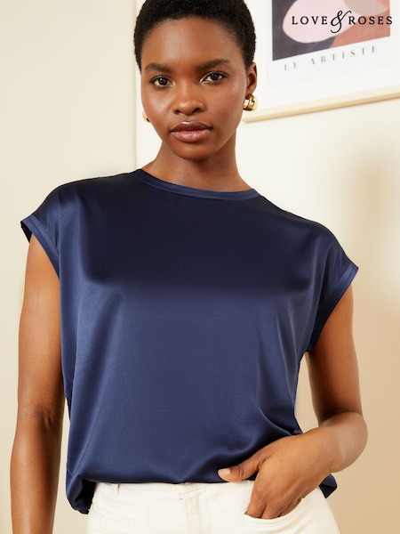 Love & Roses Navy Print Satin Front Jersey Back Crew Neck Top (AU8461) | £20