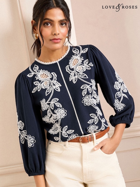 Love & Roses Navy Floral Embroidery 3/4 Crew Neck Jersey 100% Cotton Top (AU8465) | £36