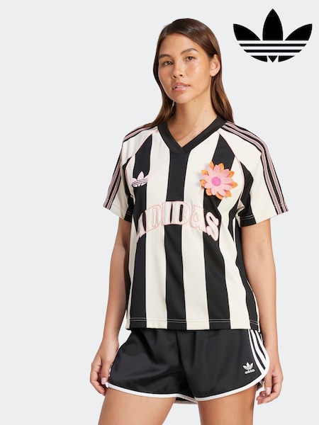 adidas Originals White/Black Loose Fit Crochet 3 Stripe T-Shirt (AU8585) | £60