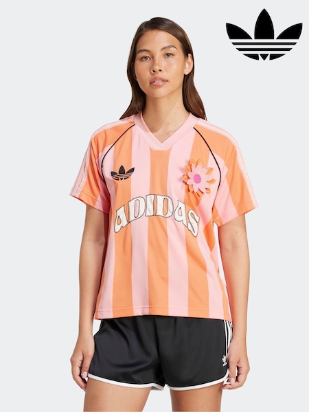 adidas Originals Pink/Orange Loose Fit Crochet 3 Stripe T-Shirt (AU8587) | £60