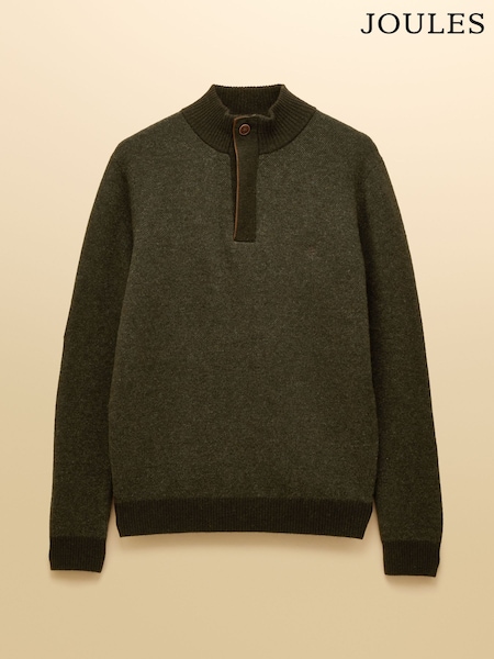 Joules Highland Wool-Rich Dark Green Button Quater Zip Jumper (AU8648) | £69