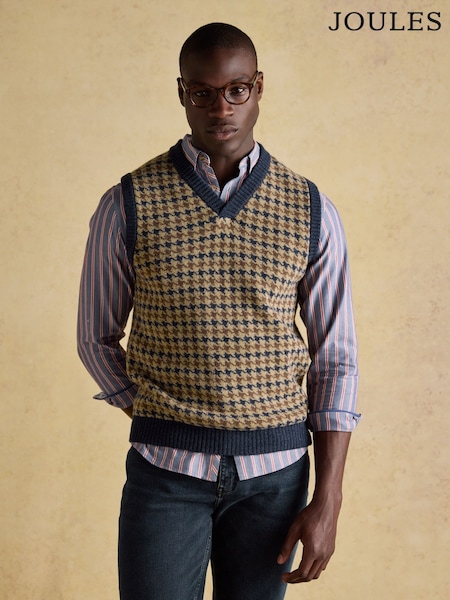 Joules Ferguson Wool-Rich Oatmeal Houndstooth Vest (AU8656) | £60
