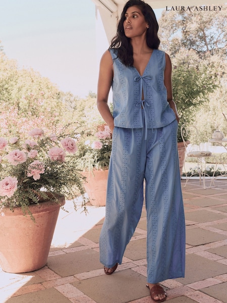 Laura Ashley Blue 100% Cotton Broderie Beach Trousers (AU8712) | £42