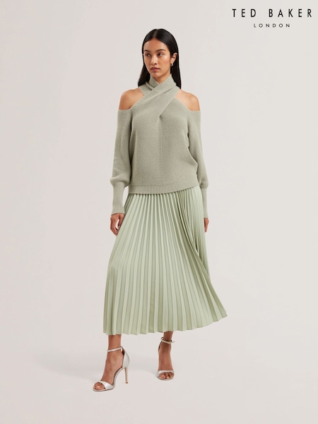 Ted Baker Green Siko Pleated Midi Elasticated Waistband Skirt (AU8725) | £139