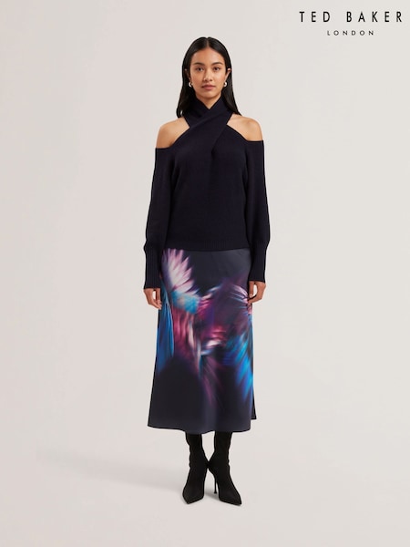 Ted Baker Blue Gilao Printed Midi Bias Cut Skirt (AU8737) | £139