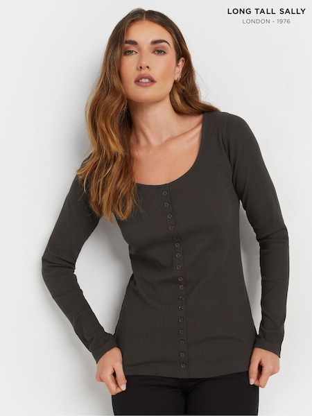 Long Tall Sally Grey Long Sleeve Button Through Ribbed T-Shirt (AU9000) | £21