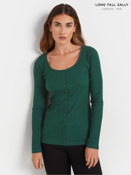 Long Tall Sally Green Long Sleeve Button Through Ribbed T-Shirt (AU9044) | £21