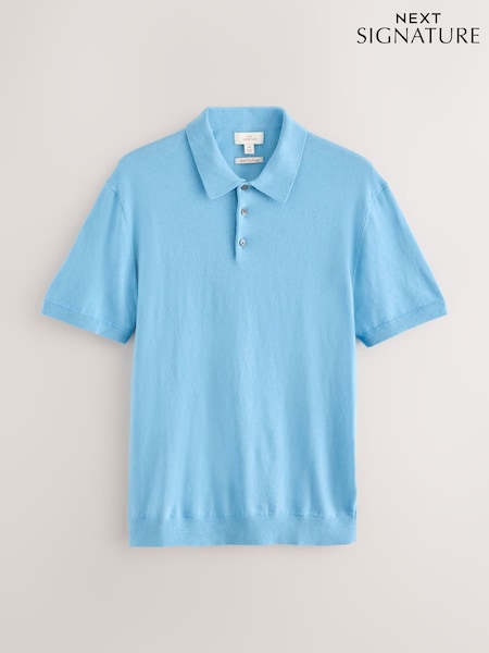 Light Blue Regular Fit Cotton/Cashmere Blend Signature Short Sleeve Knit Polo Shirt (AU9050) | £55