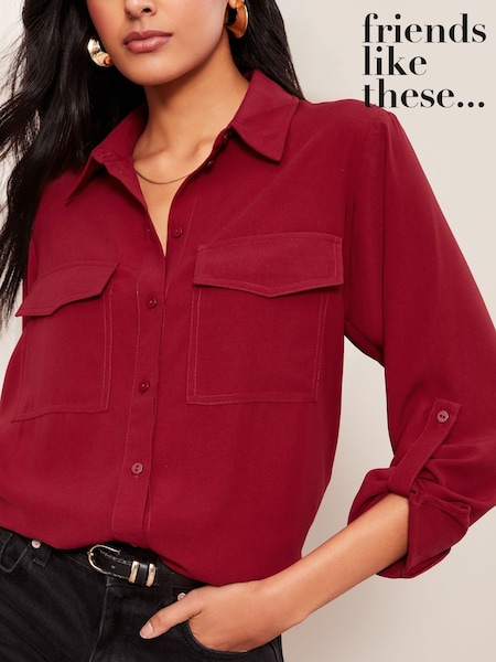 Friends Like These Burgundy Red Long Sleeve Utility Style Button Through Shirt (AU9060) | £33