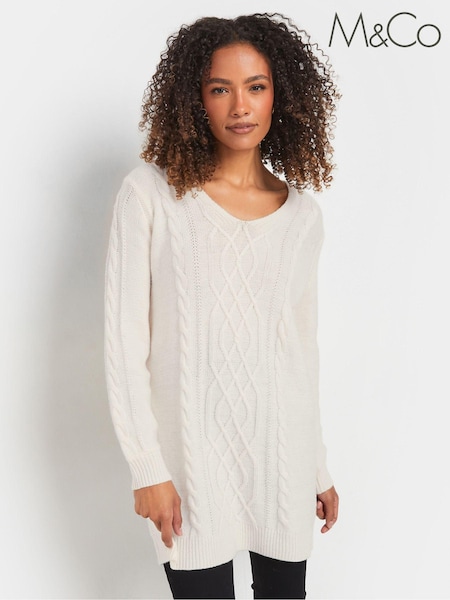 M&Co Ivory White V-Neck Cable Knit Tunic Jumper (AU9110) | £39