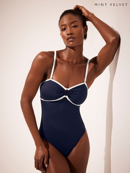 Mint Velvet Navy Blue Colourblock Bandeau Tummy Control Swimsuit (AU9111) | £65