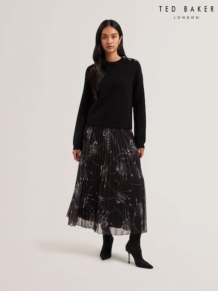 Ted Baker Black Tavora Pleated Printed Elasticated Waist Midi Skirt (AU9139) | £139