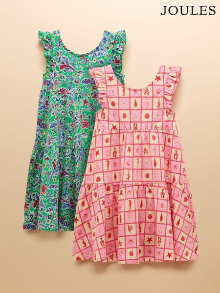 Joules Butterfly Green & Pink Frill Sleeve Print Dress Two Pack (AU9325) | £32 - £38