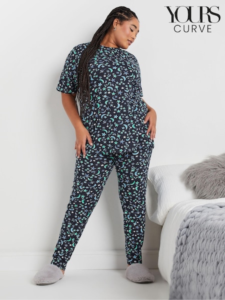 Yours Curve Blue Mini Moons Short Sleeve Tapered 100% Cotton Pyjamas Set (AU9347) | £30