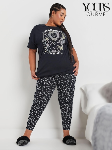 Yours Curve Blue 100% Cotton Manifest Short Sleeve Cuffed Pyjamas Set (AU9379) | £28