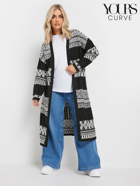 Yours Curve White Longline Fairisle Cable Knit Cardigan (AU9388) | £41
