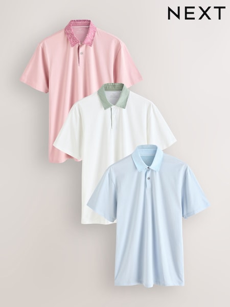 Pink / Blue / White Woven Collar Regular Fit Short Sleeve Jersey Polo Shirts 3 Pack (AU9432) | £40