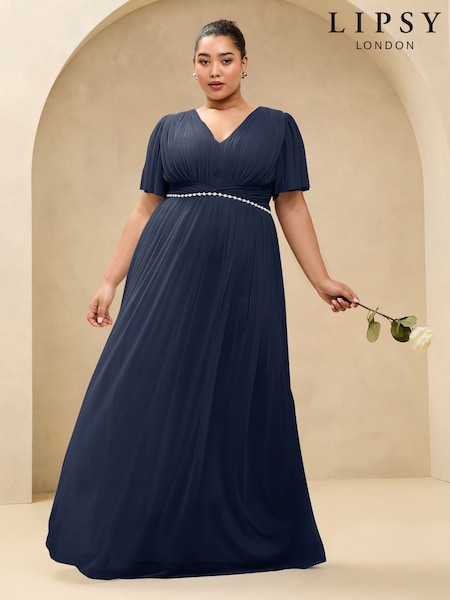 Lipsy Navy Curve Short Sleeve Pearl Trim Mesh Maxi Bridesmaid Dress (AU9586) | £110