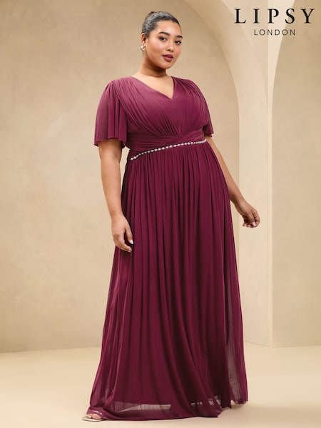 Lipsy Berry Red Curve Short Sleeve Pearl Trim Mesh Maxi Bridesmaid Dress (AU9587) | £110