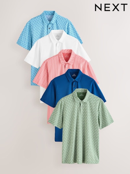 Bright Conversational Print Regular Fit Short Sleeve Jersey Polo Shirts 5 Pack (AU9670) | £69