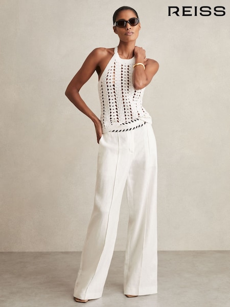 Reiss White Fawn Linen Wide-Leg Whipstitch Trousers (AU9675) | £178
