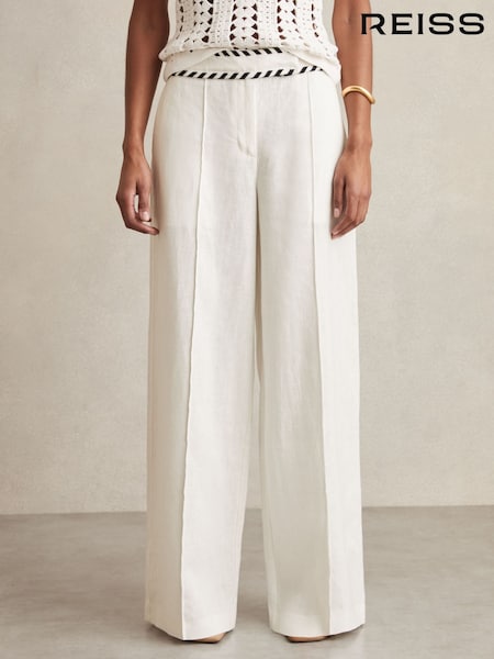 Reiss White Fawn Petite Linen Wide-Leg Whipstitch Trousers (AU9678) | £178