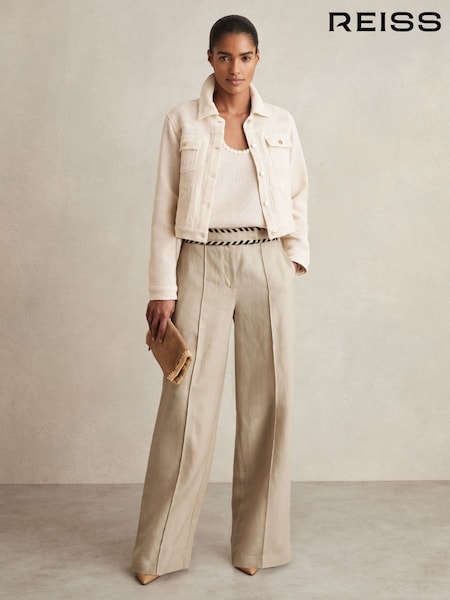 Reiss Neutral Fawn Linen Wide-Leg Whipstitch Trousers (AU9687) | £178