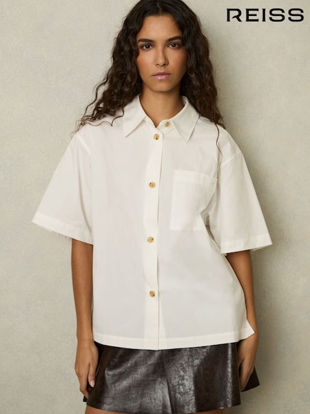Reiss White Jordan Cotton Short-Sleeve Shirt (AU9694) | £98