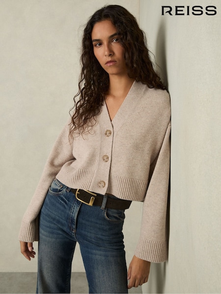 Reiss Oatmeal Rixy Wool-Cashmere Cropped Cardigan (AU9699) | £140