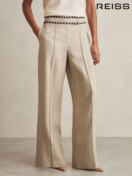Reiss Neutral Fawn Petite Linen Wide-Leg Whipstitch Trousers (AU9702) | £178