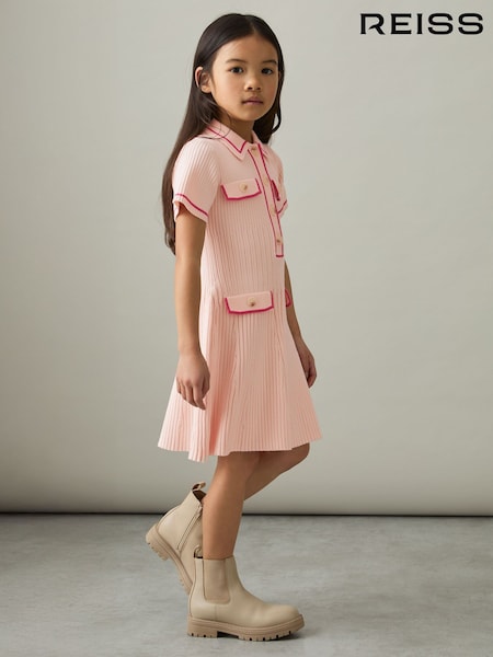 Reiss Pink Sofia 9-13 yrs Rib-Knit Button-Down Dress (AU9704) | £74