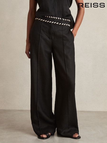 Reiss Black Fawn Petite Linen Wide-Leg Whipstitch Trousers (AU9706) | £178