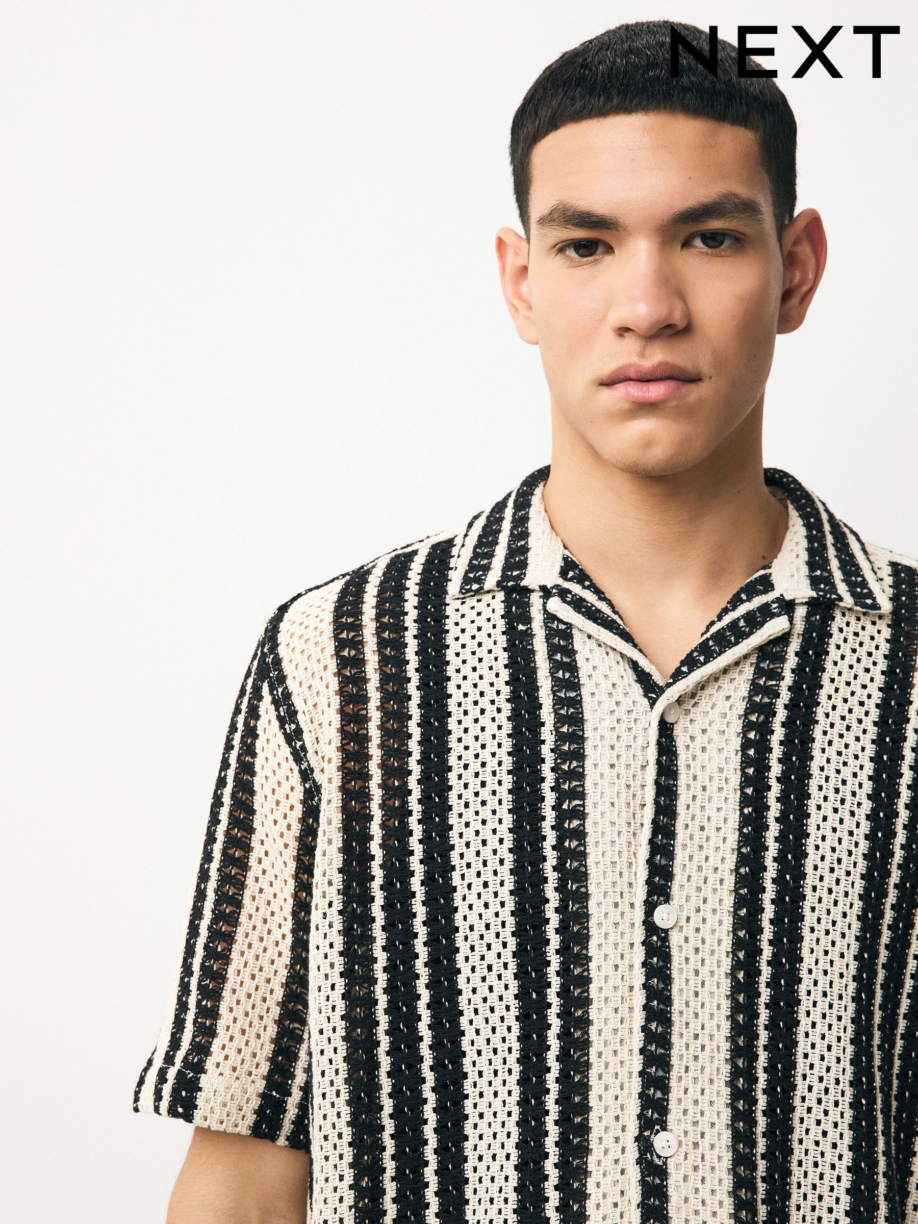 GORGLITTER Men's Striped Knit Shirt Short Sleeve Hollow Out GORGLITTER Men's Striped Knit Shirt Short Sleeve Hollow Out