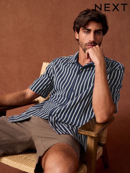 Navy Blue 100% Cotton Textured Stripe Short Sleeve Shirt (AU9784) | £30