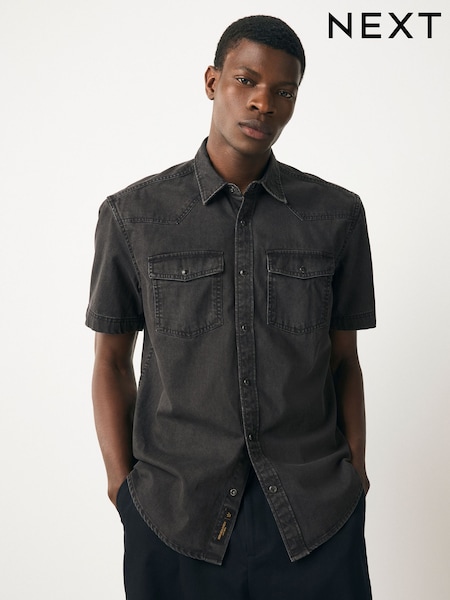 Black 100% Cotton Denim Western Short Sleeve Shirt (AU9808) | £32