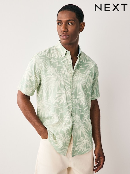 Green 100% Cotton Textured Floral Print Short Sleeve Shirt (AU9837) | £32