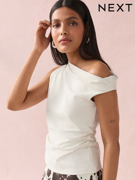 Ecru Aysmmetric Shoulder Sleevless Top (AU9922) | £28