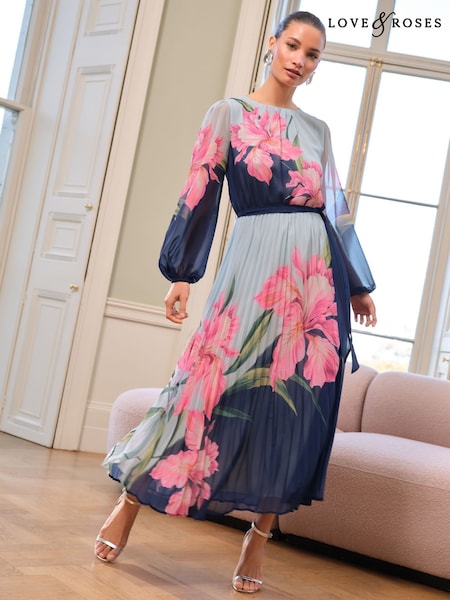 Love & Roses Blue Floral Printed Crew Neck Pleated Long Sleeve Midi Dress (AU9964) | £79
