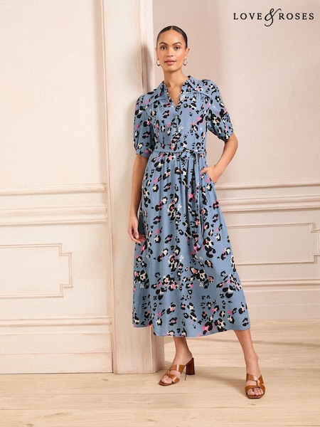 Love & Roses Blue Animal Shirt Dress (AU9976) | £62