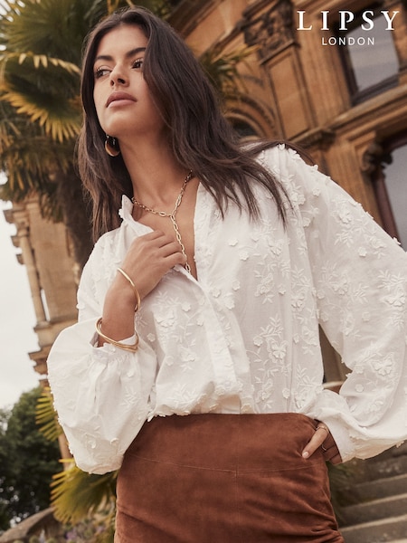 Lipsy White Long Sleeve Grandad 3D Floral Blouse (AV0155) | £42