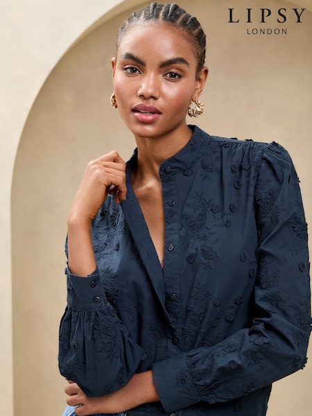 Lipsy Navy Long Sleeve Grandad 3D Floral Blouse (AV0156) | £42